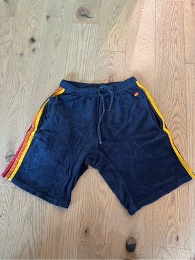 Aviator Nation Navy Terry Shorts with Red and Yellow Side Stripes